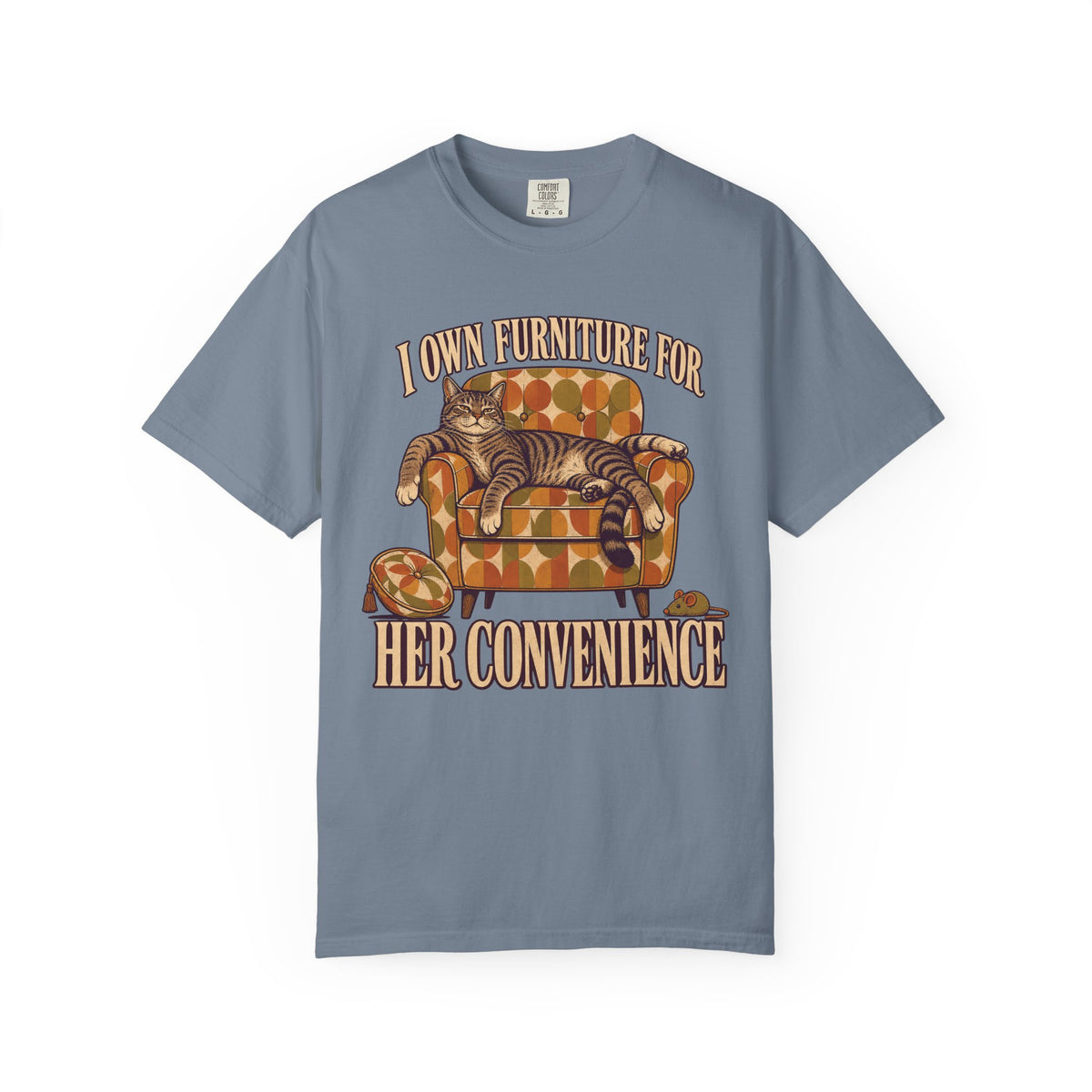 Cat Lover T‑Shirt – "I Own Furniture For Her Convenience" Vintage Cat Graphic Tee