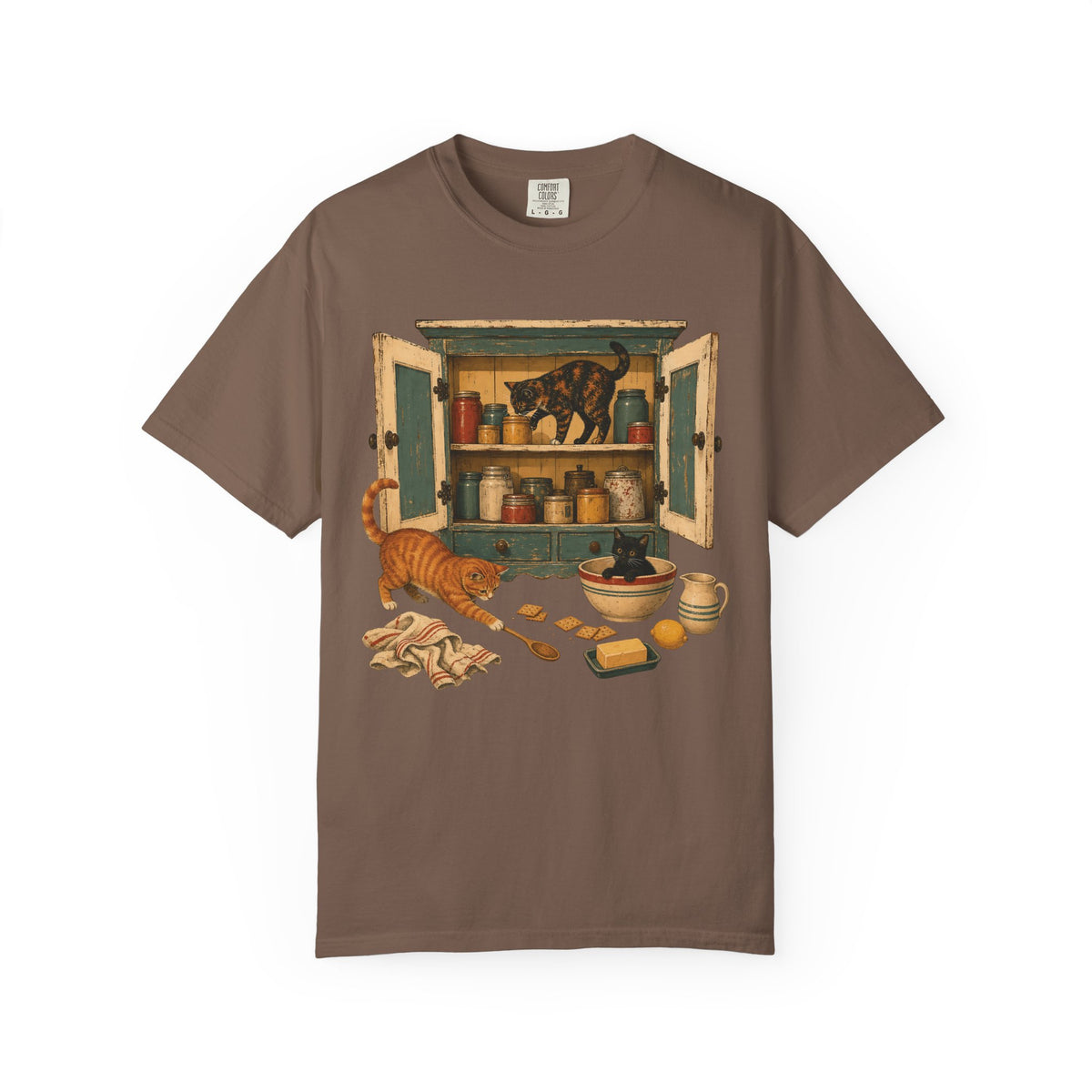 Cabinet Kitchen Cats T-Shirt — Vintage Pantry Illustration Tee