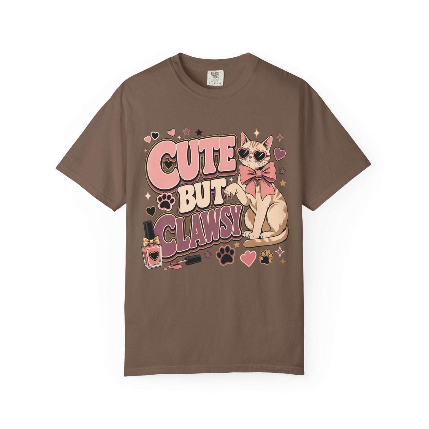 Cute But Clawsy Cat T-Shirt — Cute Cat with Nail Polish & Bow Graphic