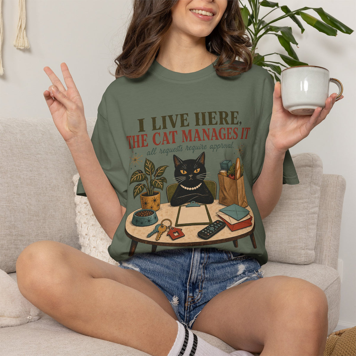 Cat Management T-Shirt — "I Live Here, The Cat Manages It"