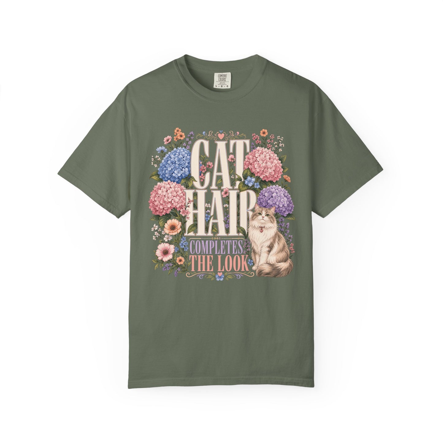 Cat Hair Don’t Care Floral T‑Shirt — "Cat Hair Completes The Look" Cute Cat & Hydrangea Tee