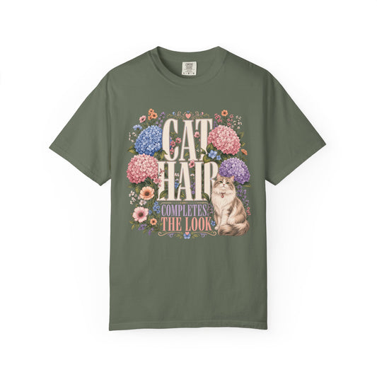 Cat Hair Don’t Care Floral T‑Shirt — "Cat Hair Completes The Look" Cute Cat & Hydrangea Tee