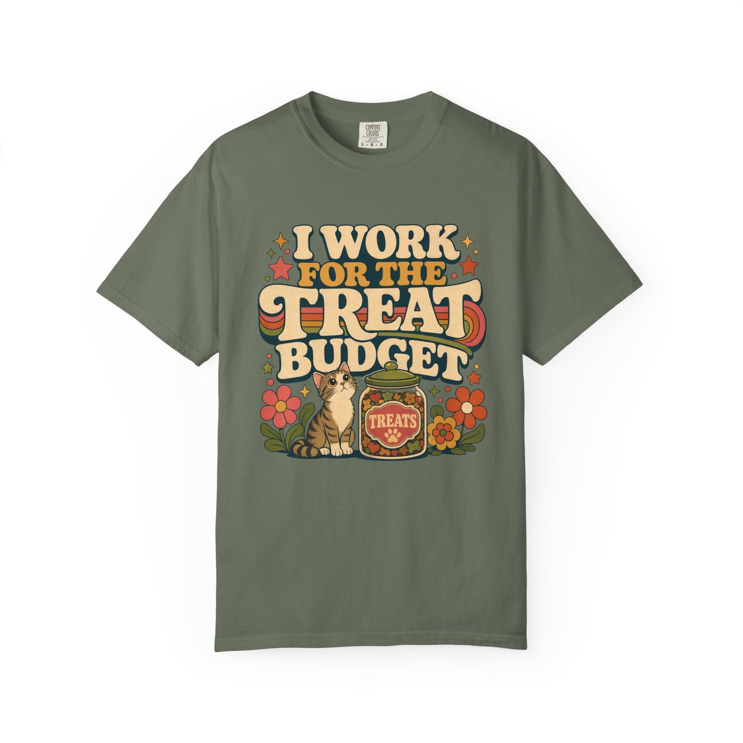 I Work for the Treat Budget T-Shirt — Retro Cat Treats Graphic Tee