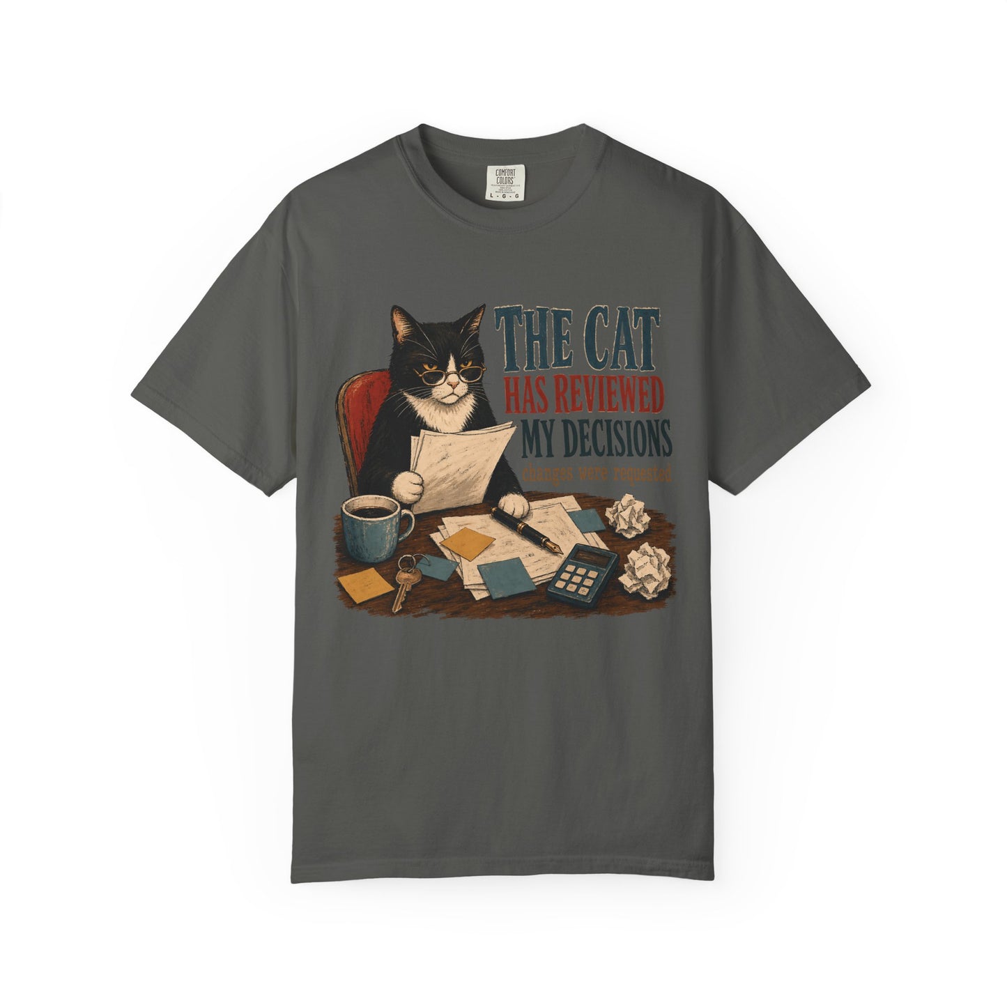 Cat Reviewer T-Shirt — "The Cat Has Reviewed My Decisions" Vintage Cat Office Tee
