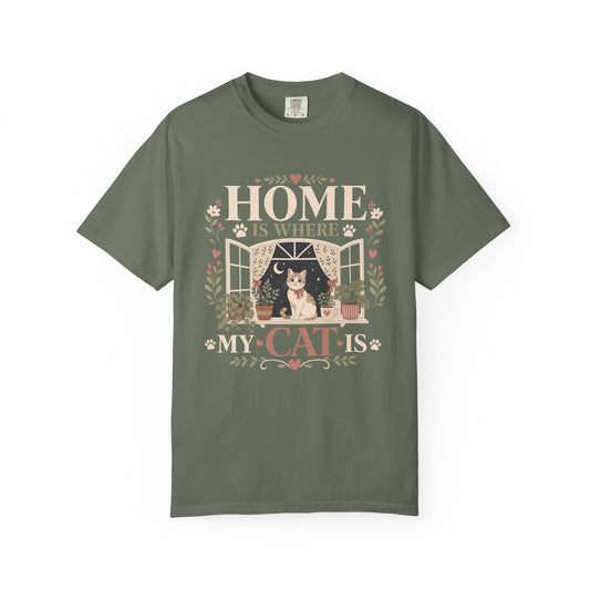 Cat T-Shirt — "Home Is Where My Cat Is" Vintage Floral Tee