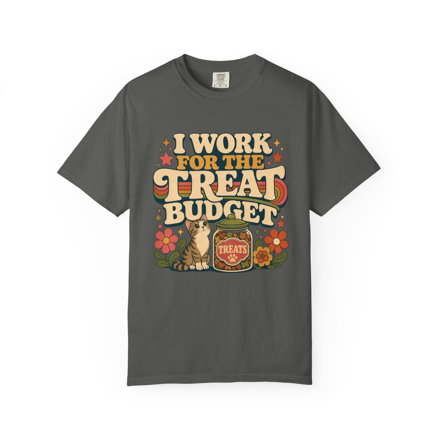 I Work for the Treat Budget T-Shirt — Retro Cat Treats Graphic Tee
