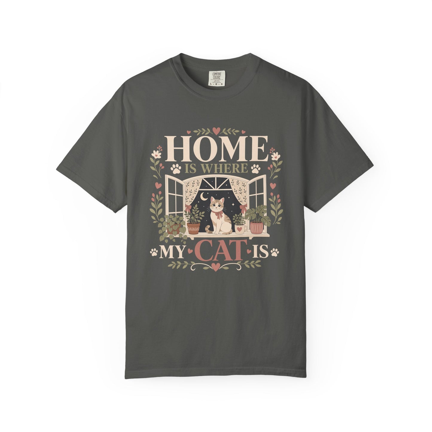 Cat T-Shirt — "Home Is Where My Cat Is" Vintage Floral Tee