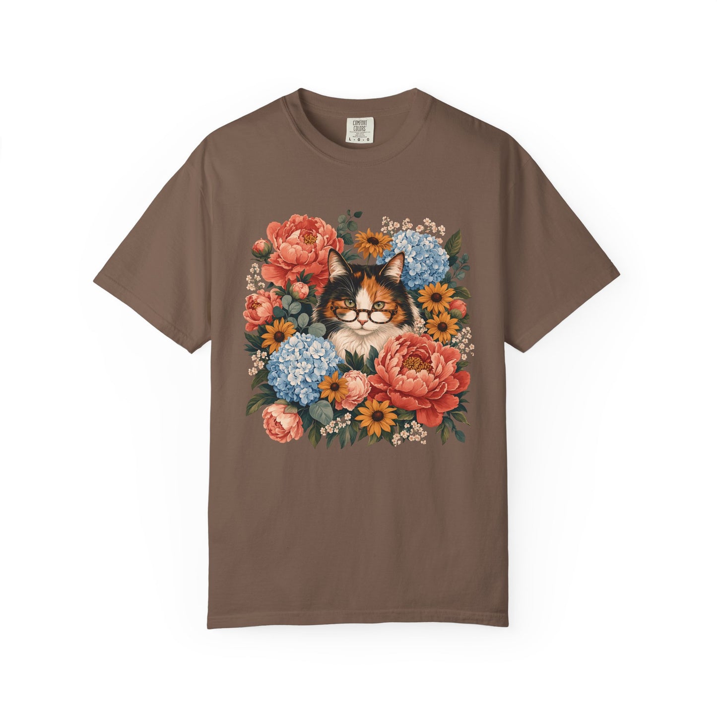 Floral Cat Tee — Vintage Cat in Glasses with Peonies & Hydrangeas