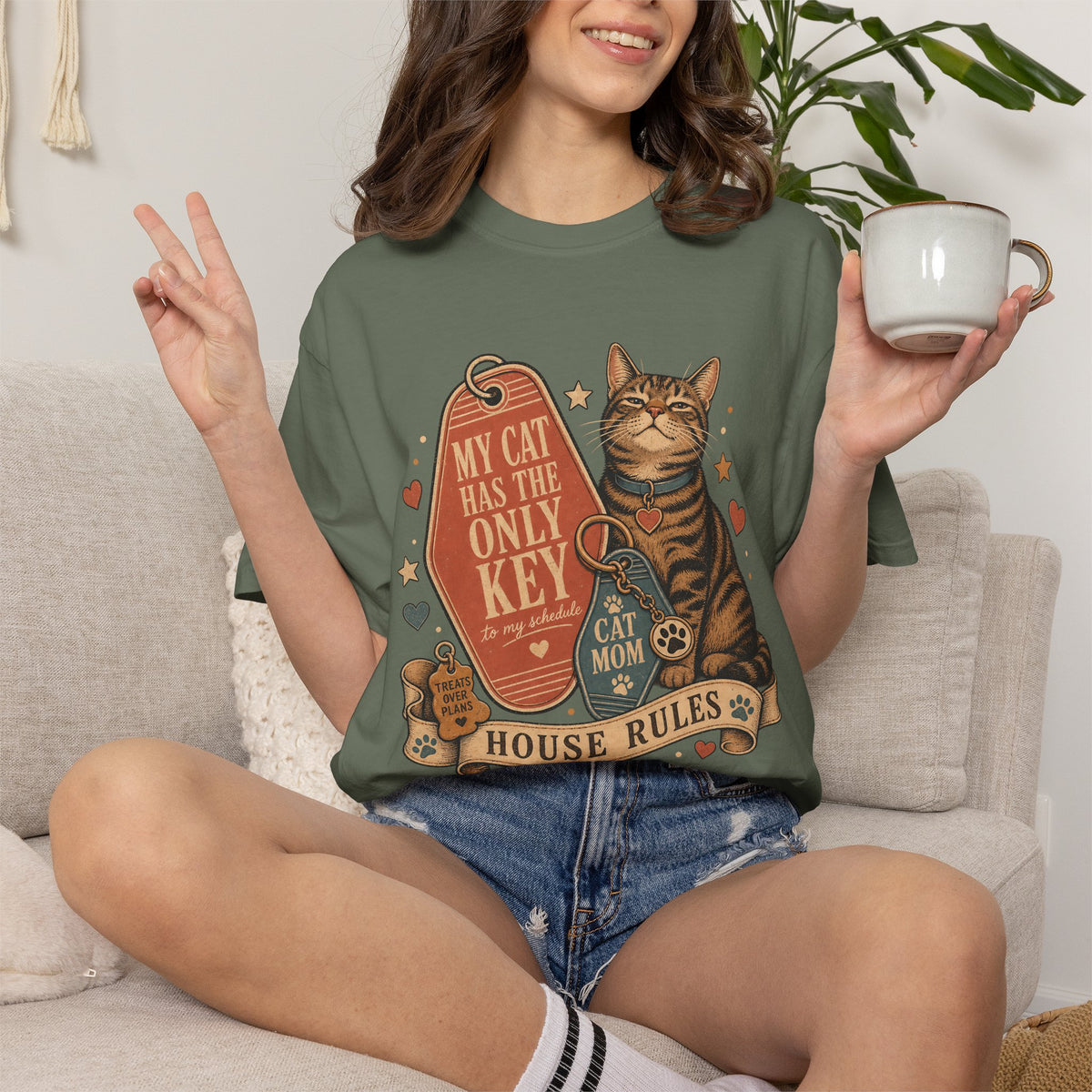 Cat Mom T-Shirt — “My Cat Has The Only Key” Vintage House Rules Tee