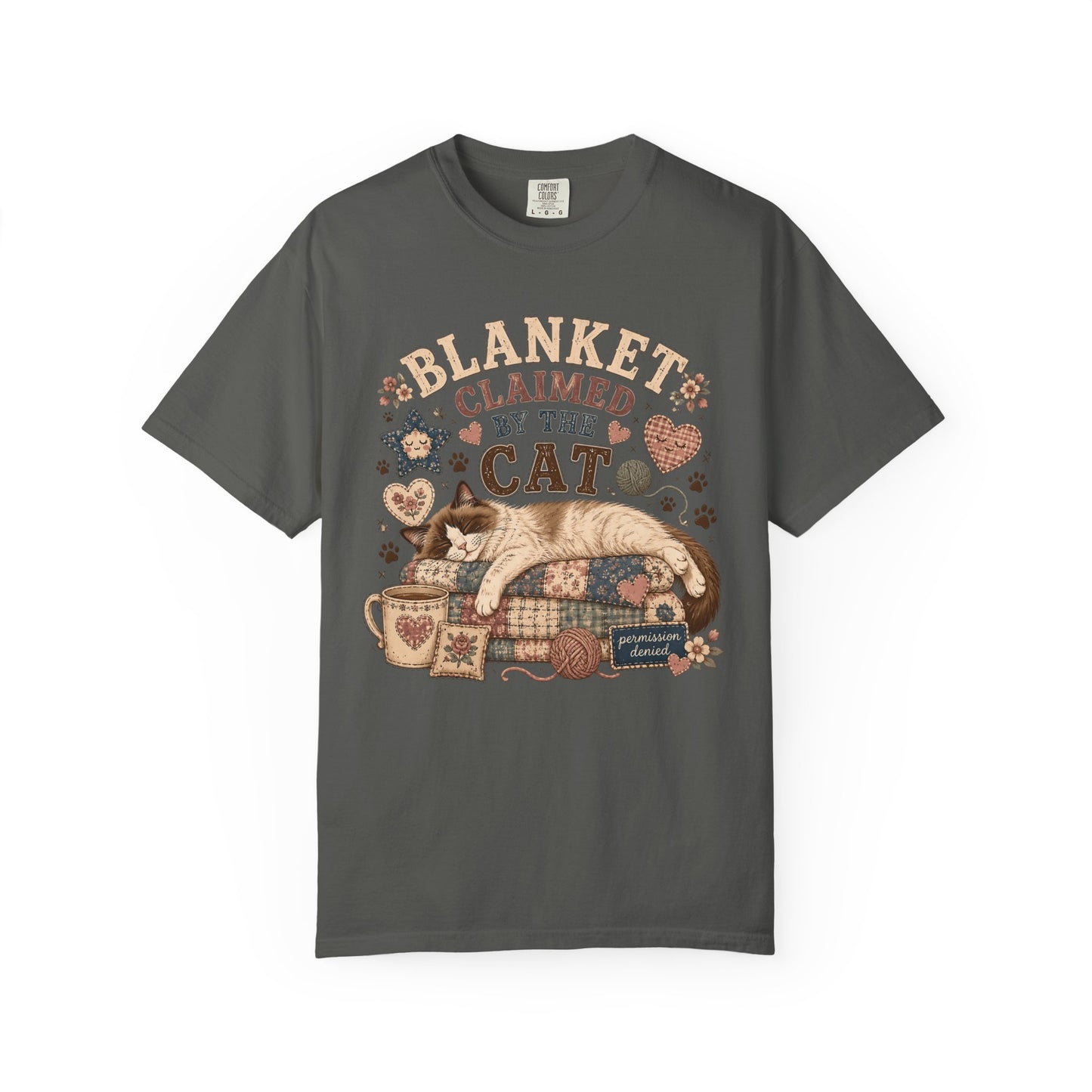 Cat Lover Tee — "Blanket Claimed by the Cat" Cozy Vintage Graphic T-Shirt