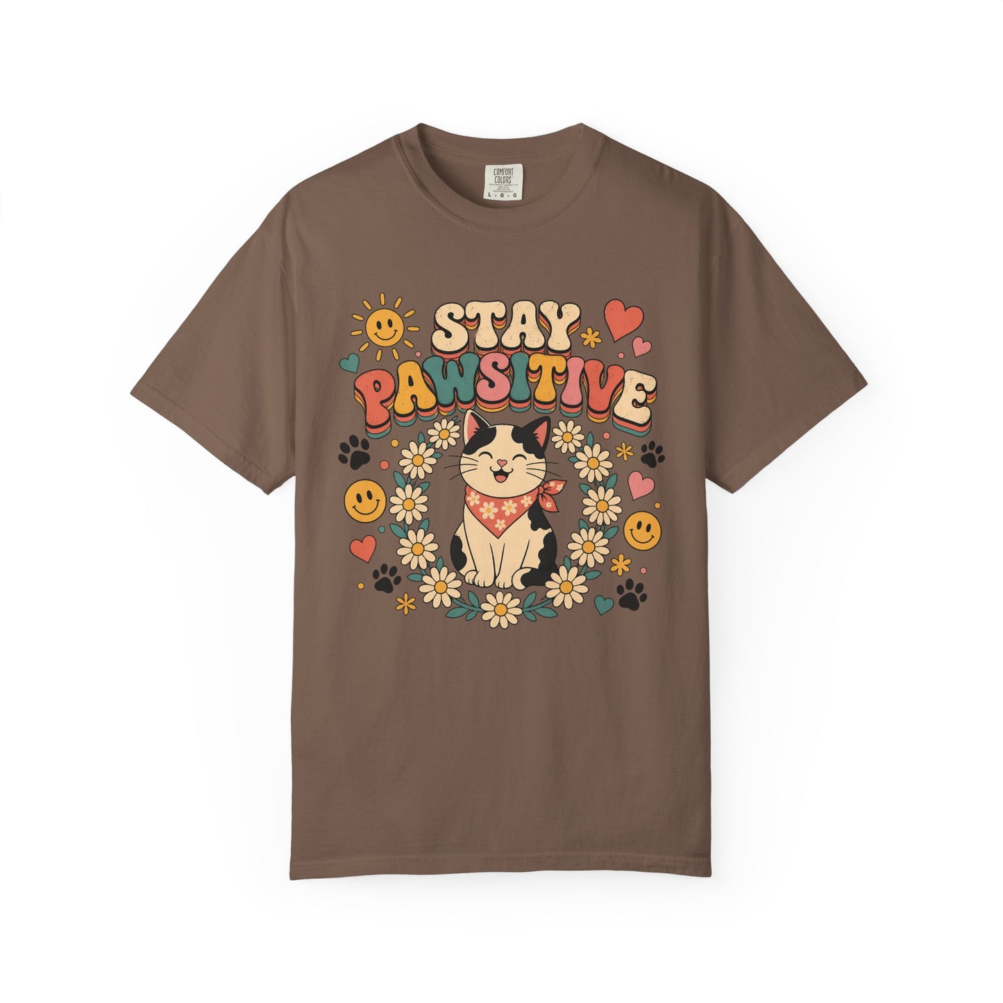 Stay Pawsitive Cat T-Shirt — Retro Floral Cute Kitten Tee