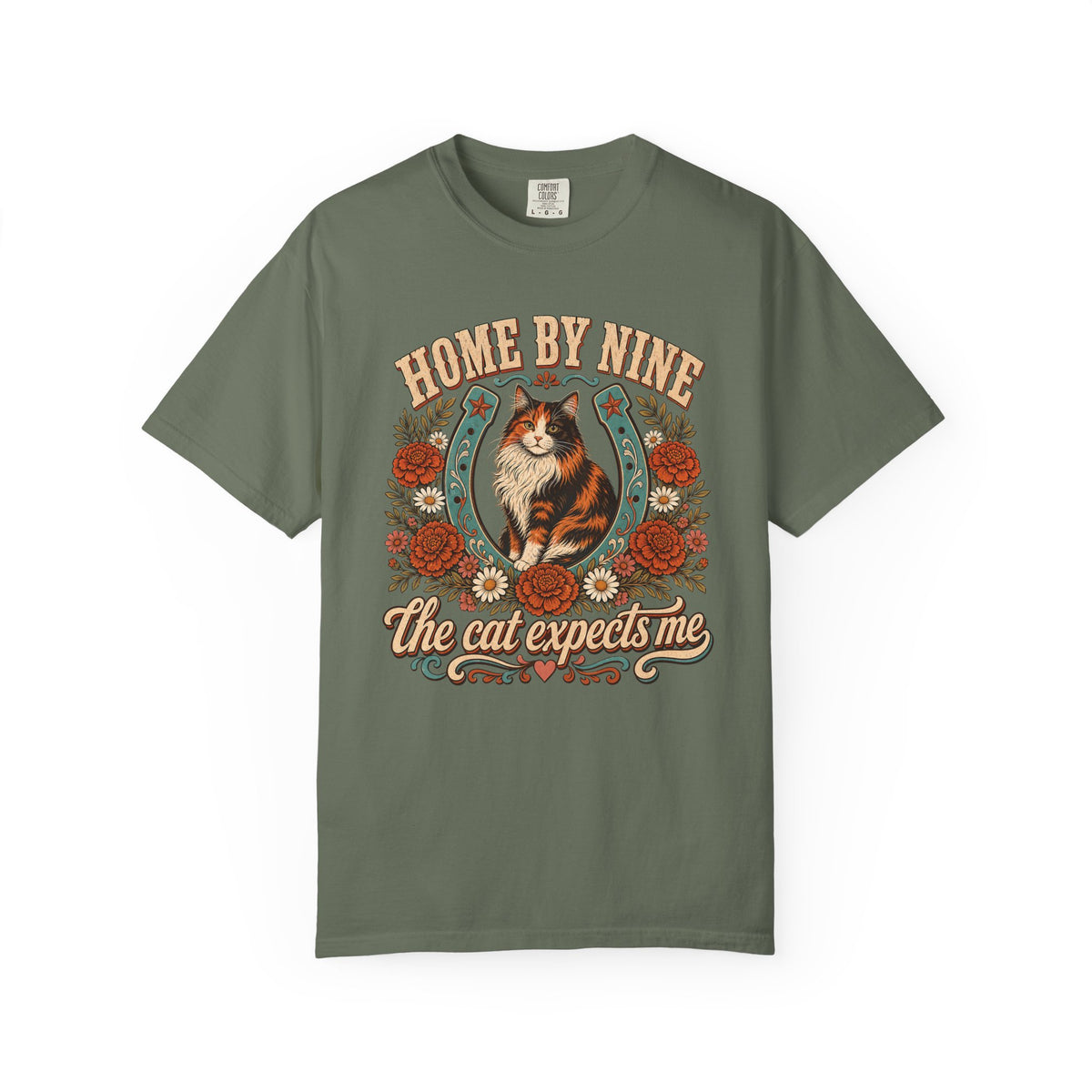 Cat Lover T-Shirt — “Home By Nine, The Cat Expects Me” Vintage Floral Design