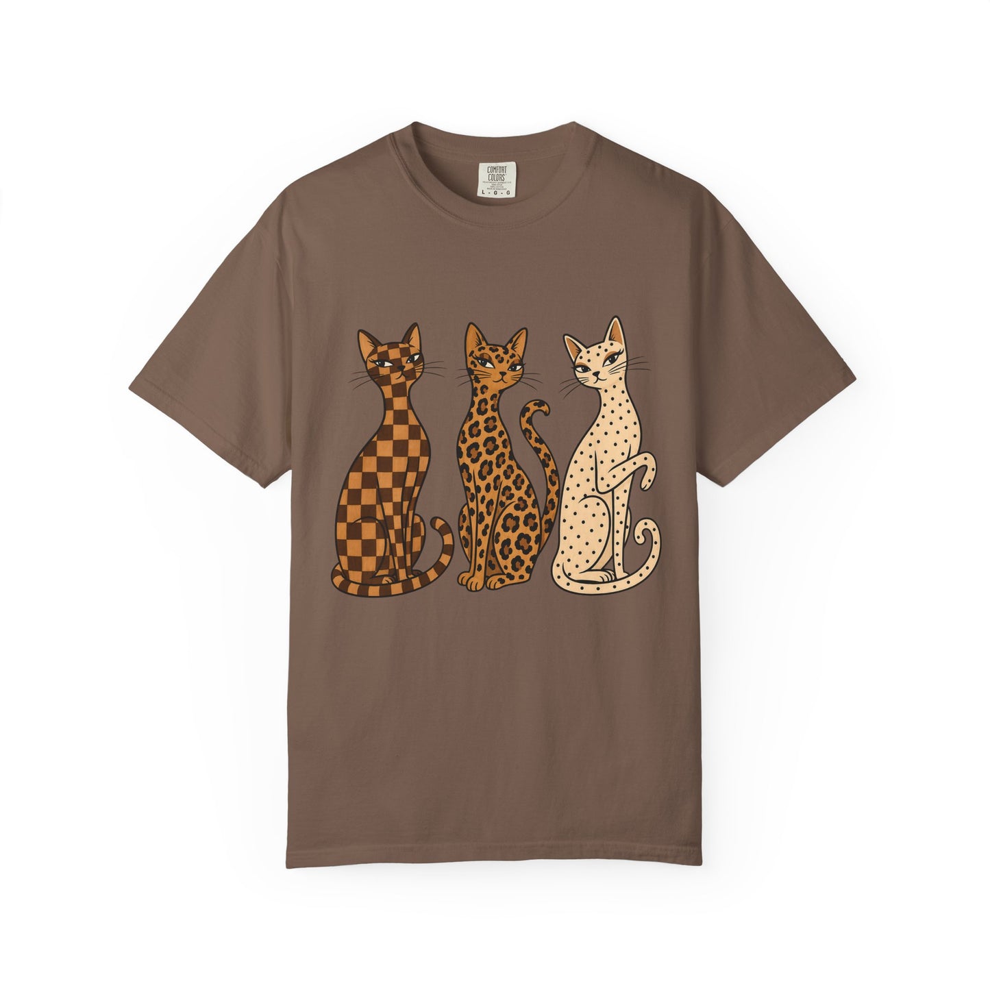 Vintage Cat Trio T-Shirt — Patterned Leopard, Check & Spotted Feline Graphic Tee