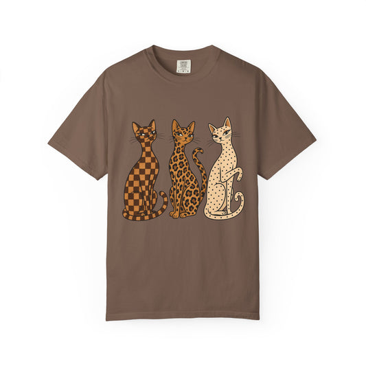 Vintage Cat Trio T-Shirt — Patterned Leopard, Check & Spotted Feline Graphic Tee