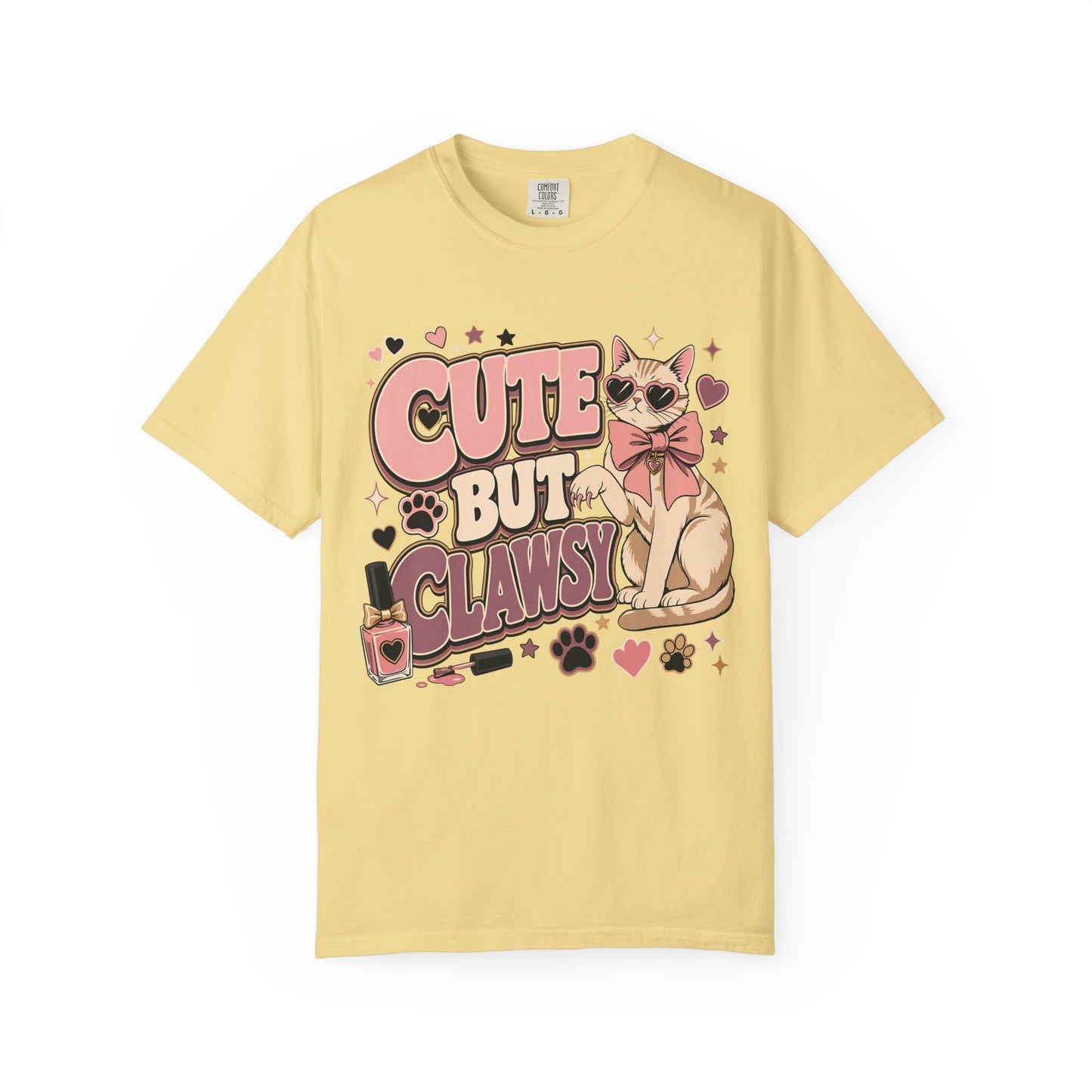 Cute But Clawsy Cat T-Shirt — Cute Cat with Nail Polish & Bow Graphic