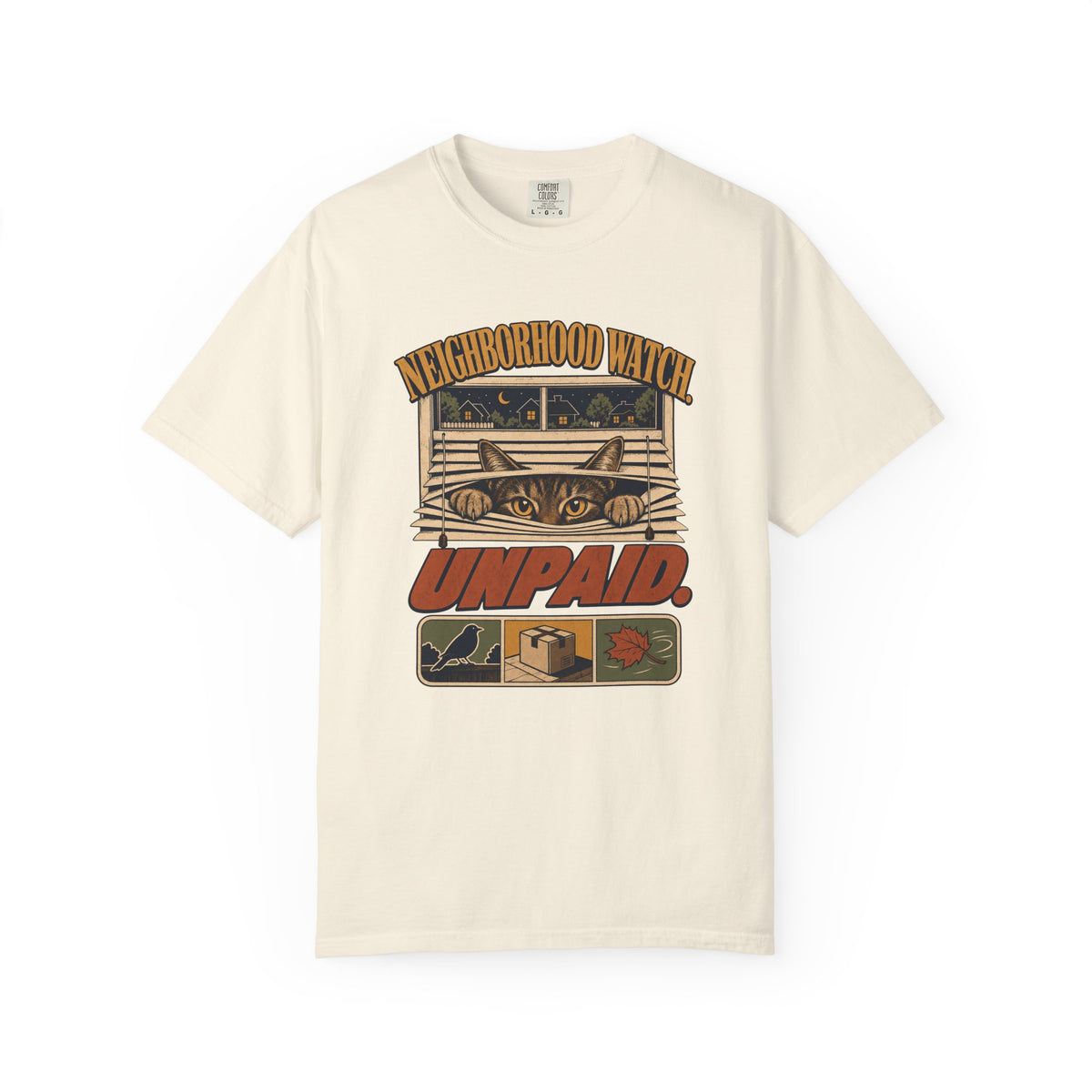 Neighborhood Watch "Unpaid" Graphic T-Shirt — Cat Peeking Parcel Delivery Design