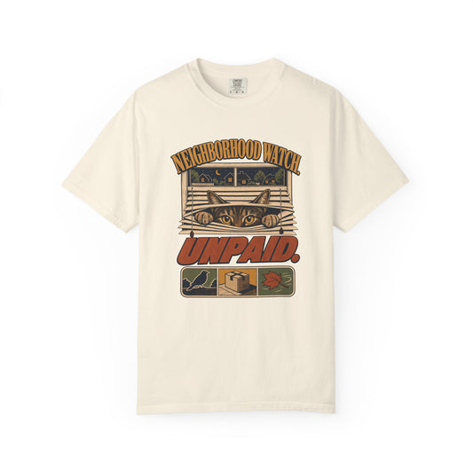 Neighborhood Watch "Unpaid" Graphic T-Shirt — Cat Peeking Parcel Delivery Design